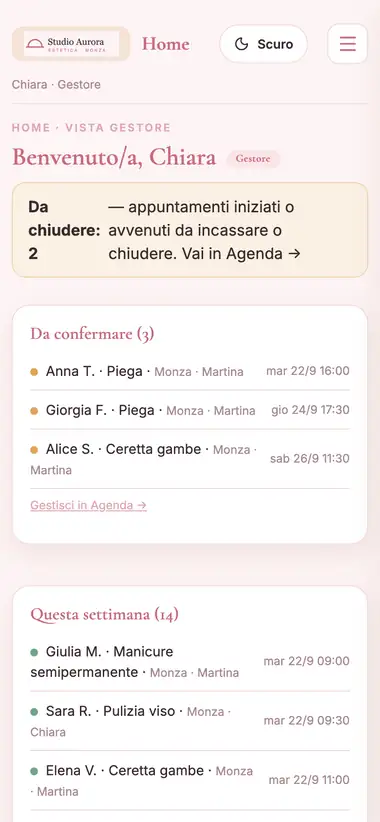 La schermata di arrivo di Fatto su telefono: appuntamenti da chiudere, da confermare e riepilogo del mese