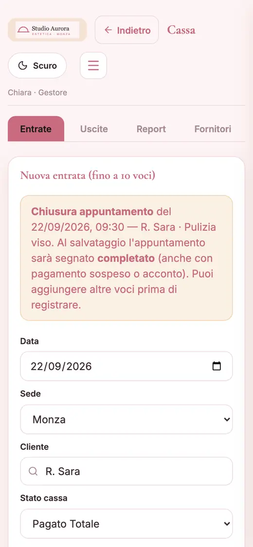 La cassa aperta dall'appuntamento, con l'importo già compilato