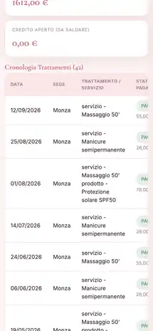 La cartella di una cliente con contatti e cronologia dei trattamenti