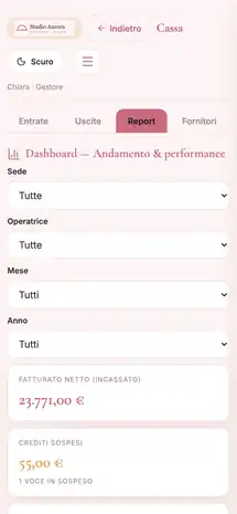 Il cruscotto di Fatto sul telefono, con i filtri e il fatturato incassato