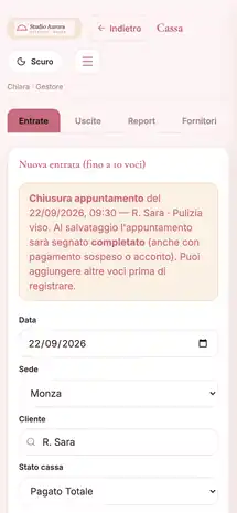 La cassa aperta dall'appuntamento, con l'importo già compilato