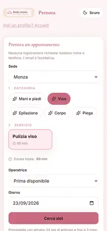 La pagina pubblica di prenotazione con servizi e orari liberi