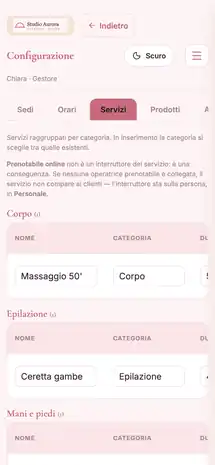 Il listino dei servizi, con durata, prezzo e «prenotabile online»