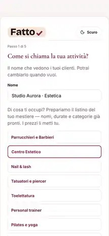 Il primo passo dell'avvio: il nome dell'attività e i dieci settori fra cui scegliere