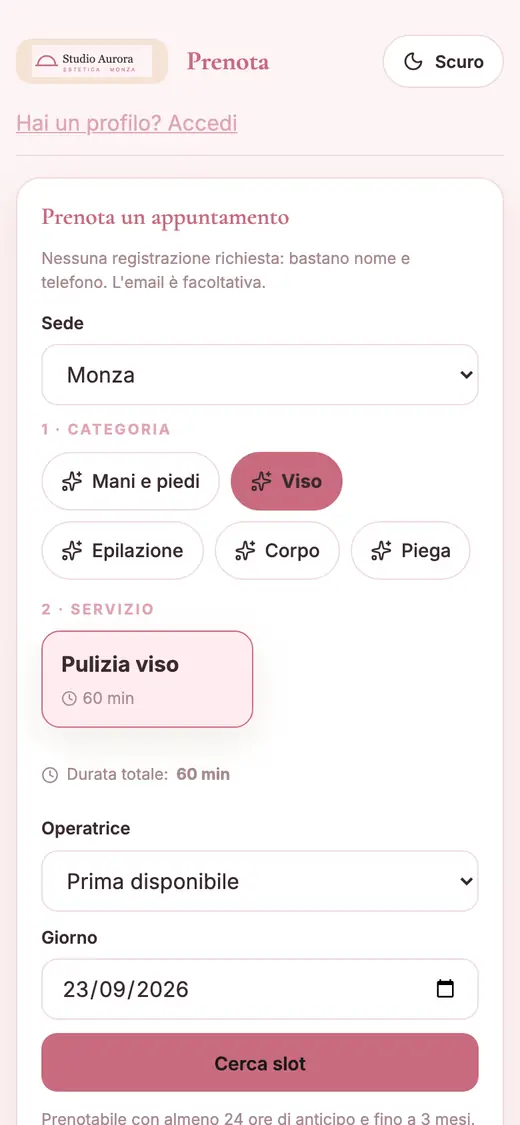 La pagina pubblica di prenotazione vista dal telefono