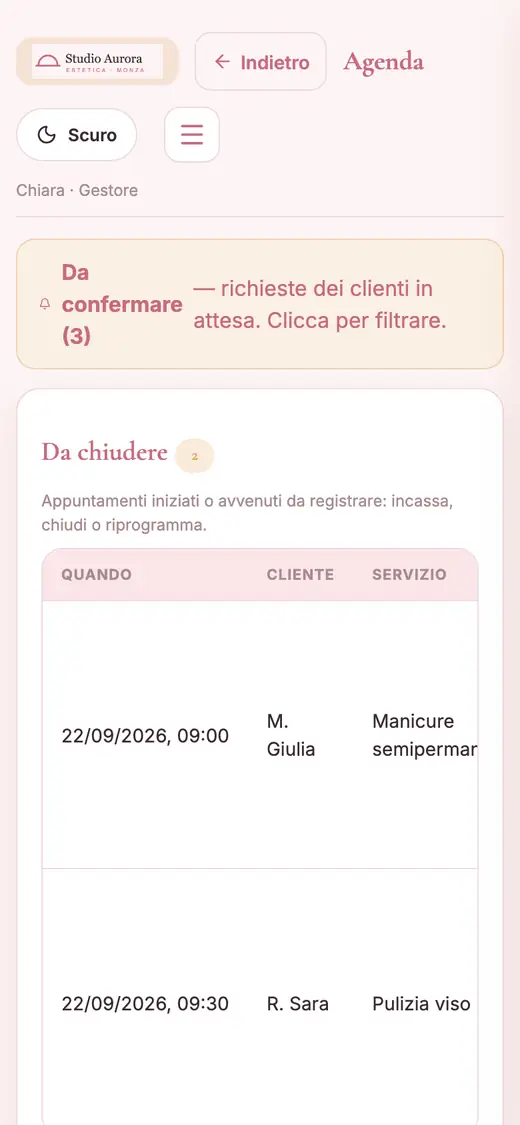 L'agenda in vista settimana, con i turni della settimana in corso